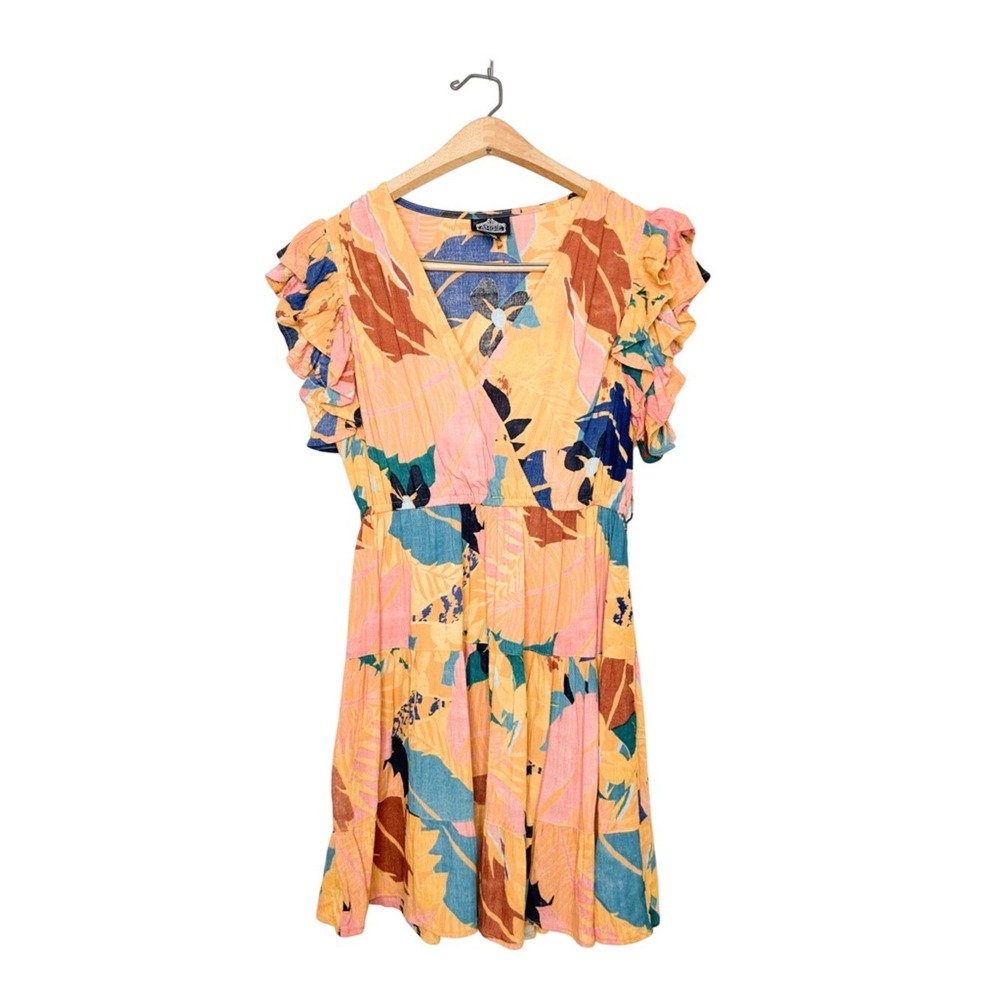 Angie Womens Colorful Floral Print Ruffle Short Sleeve Mini Dress Medium M